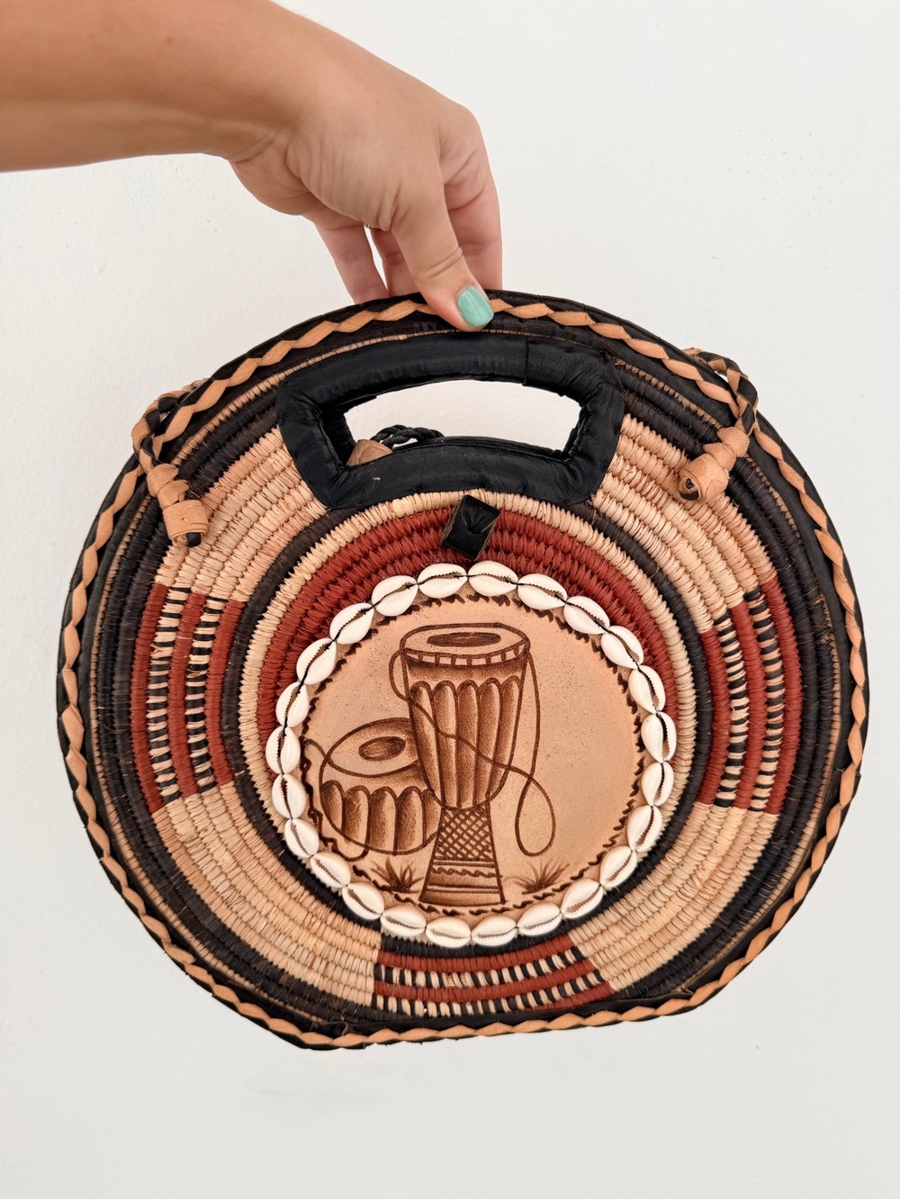 Handwoven Round Palm Bag with Drum Motif - Tan & Black